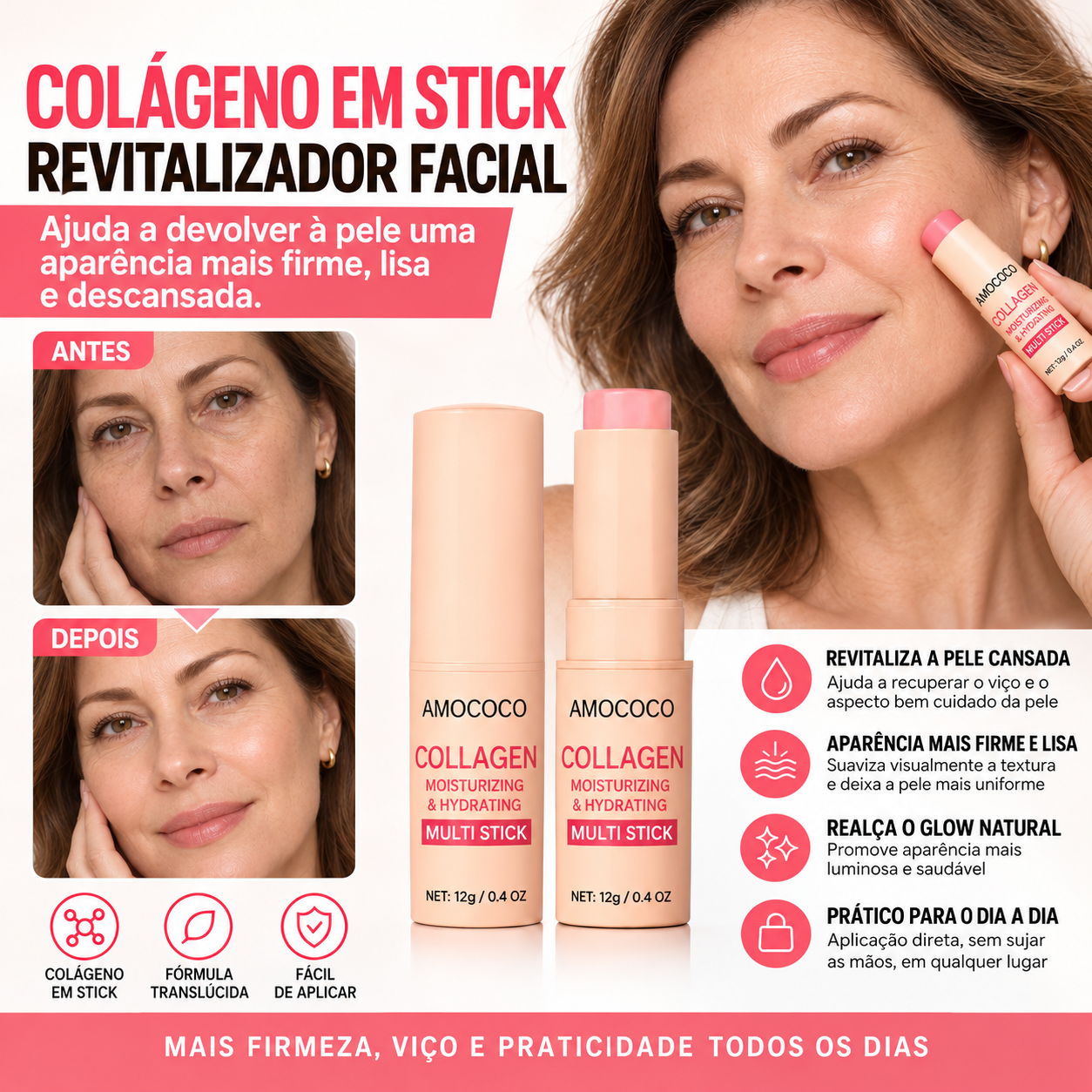 Colágeno em stick revitalizador facial com comparativo antes e depois